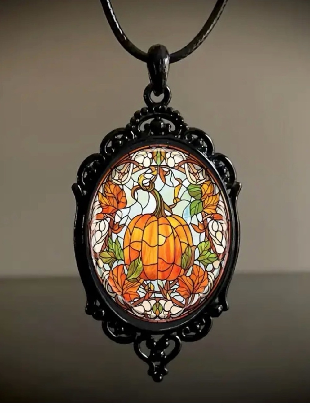 Vintage Orange and Green Pumpkin Stained-Glass Style Pendant “ First come “